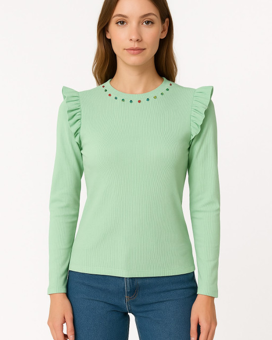 Γυναικεία μπλούζα με βολάν και πολύχρωμα στρας